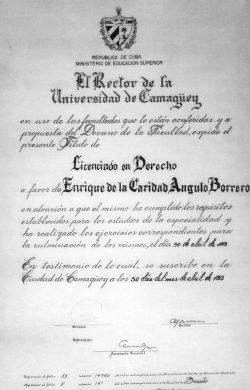 Dr Enrique De La Caridad Angulo Borrero - Law Degree