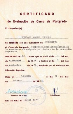 Dr Enrique De La Caridad Angulo Borrero - Postgraduate - Psycho pedagogical Aspects of Basic Teaching of Higher Education